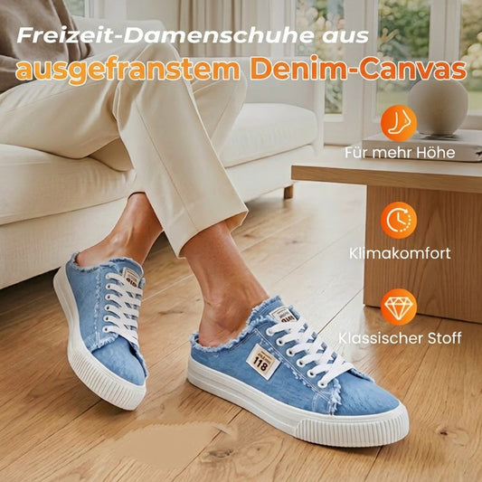 👟 LIMITED-TIME 60% RABATT! ✨ Damen Denim Mule Sneakers – Ausgefranst, Rückenfrei, Flache Sohle 🍂