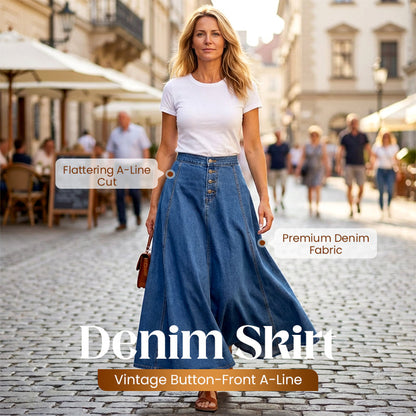 👗 60% RABATT! ✨ Vintage-Jeansrock mit Knopfleiste und A-Linie – Retro-Stil, Verstellbare Passform & Klassischer Denim-Look 💙