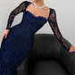 Maxikleid mit langen Ärmeln und Spitzenbesatz, figurbetont