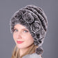 Lady Warm Flowers Gestreifte echte Rex-Kaninchenpelzmützen