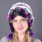 Lady Warm Flowers Gestreifte echte Rex-Kaninchenpelzmützen